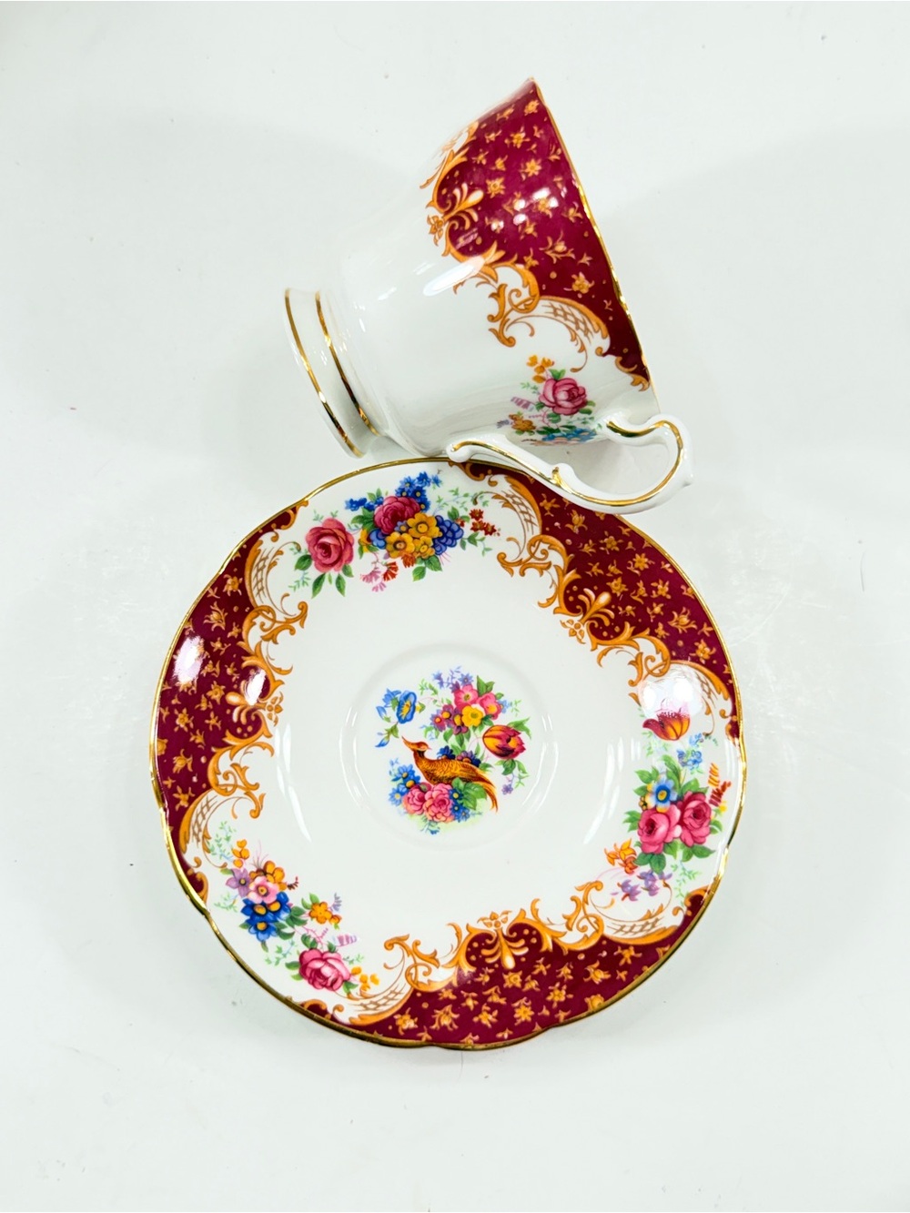 Vintage Paragon Rockingham Fine Bone China Tea Cup & Saucer Set Red Flower Bird
